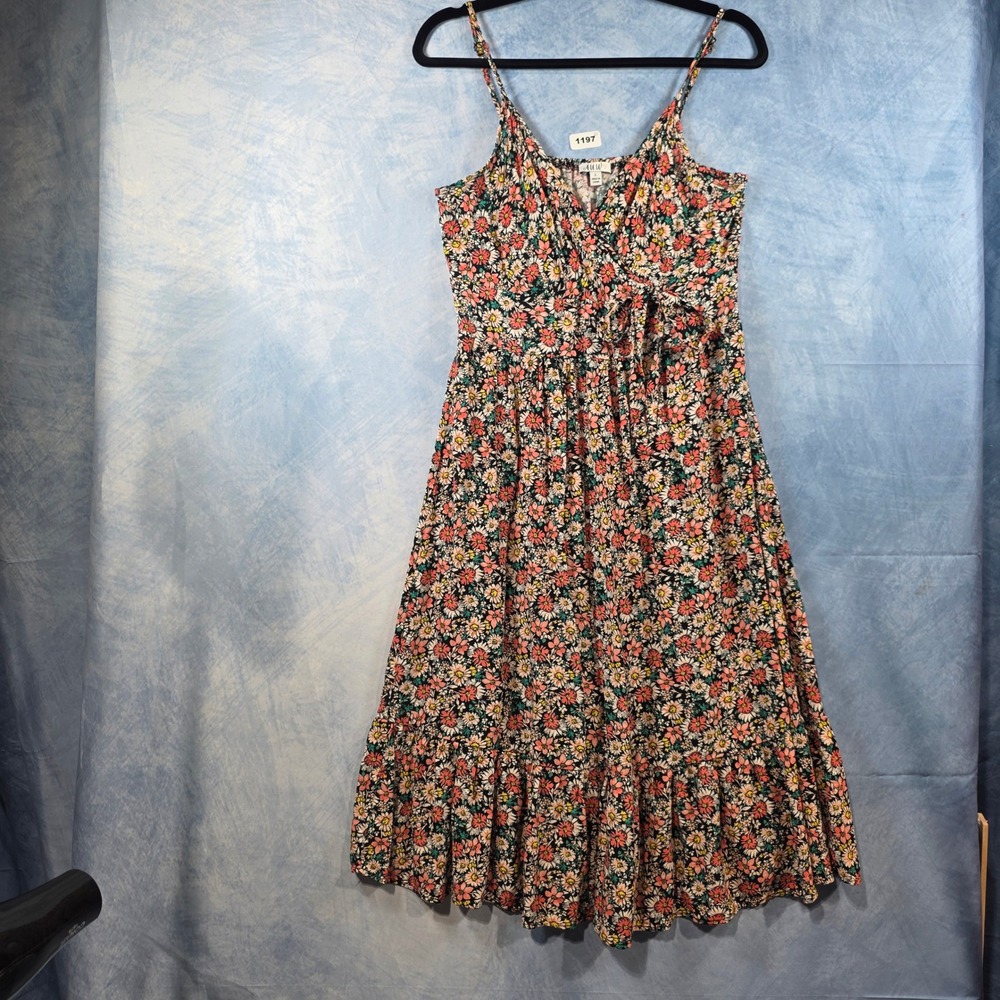 AUW Floral Midi Dress Womens Large Black Pink Daisy Faux Wrap Tiered Ruffle Hem